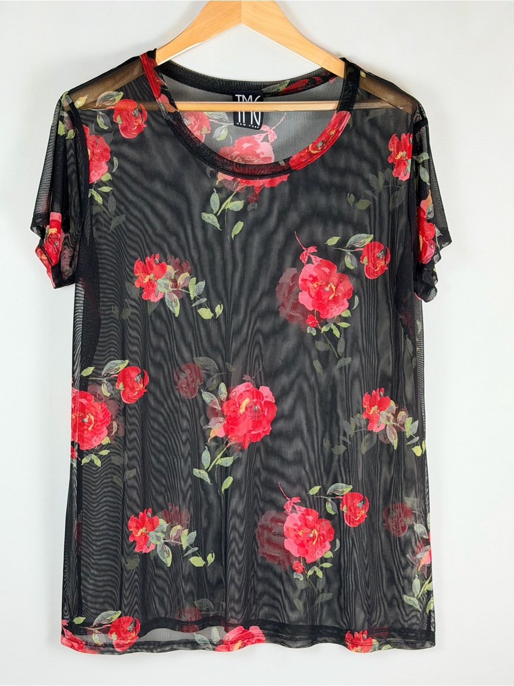 TMG New York Black Mesh Rose Floral Sheer Top Short Sleeve Size 2X